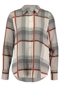 Long-sleeve button-up shirt made from lightweight fabric, featuring a geometric pattern in black, white, and rust colors with a rounded hem.