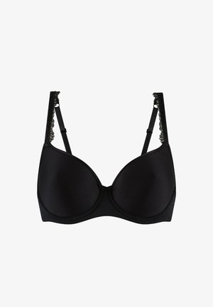 Reggiseno nero con ferretto, coppe lisce, spalline con pizzo e chiusure regolabili. Presenta un design senza cuciture per comfort e supporto.