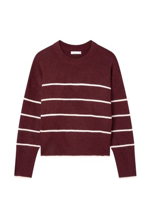 Maglione a maglia bordeaux con strisce orizzontali bianche sul petto e sulle maniche, polsini ribattuti, orlo e scollatura rotonda.