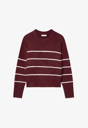 Maglione a maglia bordeaux con strisce orizzontali bianche sul petto e sulle maniche, polsini ribattuti, orlo e scollatura rotonda.