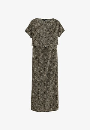 Maxi obleka s leopardjim vzorcem, kratkimi rokavi, V-izrezom in ohlapnim, plastehnim dizajnom. Narejena iz mehkega blaga v bež in črnih tonih.