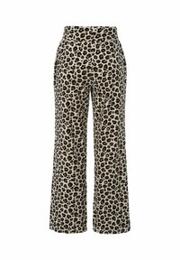 Leopardprint broek met een wijde pijpdesign, gemaakt van een zachte textuurstof in beige met zwarte en bruine vlekken. Inclusief hoge tailleband.