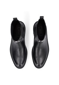 Stivaletti neri in pelle con finitura liscia, pannelli elastici laterali e linguette anteriori, dotati di punta tonda e suole in gomma resistenti.