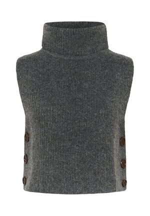 Gray knit sleeveless turtleneck sweater with a textured finish and five brown button accents on the left side.