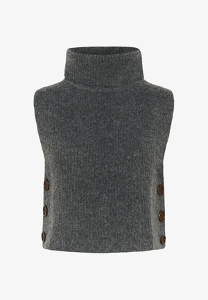 Szürke kötött ujjatlan garbó pulóver textúrás felülettel, az egyik oldalon öt barna gombbal díszítve.