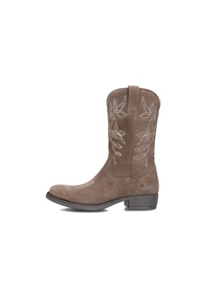 Botte de cowboy en suède marron avec broderie de feuilles beige, talon bas et languette sur fond blanc, vue latérale.