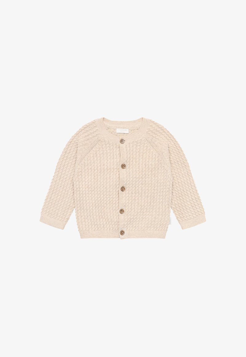 Beige knitted baby cardigan with a textured pattern, long sleeves, round neck, and five brown buttons down the front.