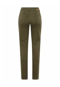 Pantalon droit vert olive foncé vu de dos avec deux poches arrière et une petite étiquette beige de marque sur la ceinture.