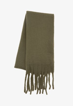 Olivgrüner Wollschal mit fransigen Kanten, weicher Textur, rechteckiger Form und schlichtem Design.