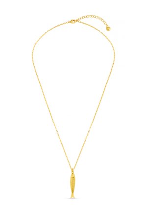 Delicate gold chain necklace with a small gold fish-shaped pendant and adjustable link clasp on a white background.