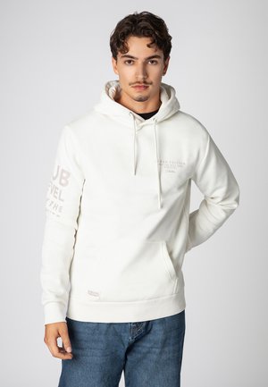 White hooded sweatshirt with a kangaroo pocket, featuring light brown printed text on the sleeve and chest. Soft texture, casual fit.