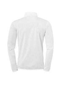 Hvid langærmet skjorte lavet af glat stof, med krave og tætsiddende ærmer. Bagsiden viser ingen mønstre eller logoer.