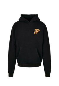 Fekete kapucnis pulóver pamut keverékből, élénk színű pizza szelet grafikával a bal mellen és kenguru zsebbel elöl.