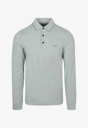 Hellgraues Langarm-Polohemd mit einem Polo-Kragen, drei Knöpfen und einem dezenten Logo auf der linken Seite. Hergestellt aus strukturiertem Stoff.