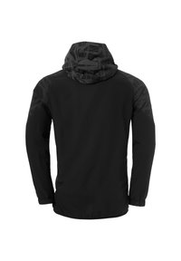 Sort letvægtsjakke med en kontrasterende tekstureret hætte og skuldre, som har elastiske manchetter, en lige kant og et minimalistisk design.