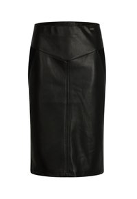 Jupe crayon en cuir noir avec taille haute, silhouette ajustée et couture visible à l'avant. Idéale pour un style polyvalent.