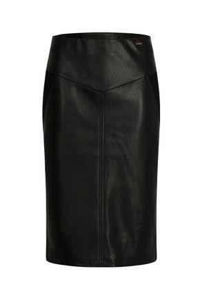 Gonna a matita in pelle nera con vita alta, silhouette aderente e dettagli di cucitura visibili lungo la parte anteriore. Ideale per uno stile versatile.