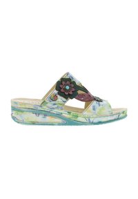 Sandales compensées fleuries multicolores, avec un dessus texturé et à motifs, présentant des découpes et des accents floraux. Semelle plate-forme épaisse de couleur bleu doux.