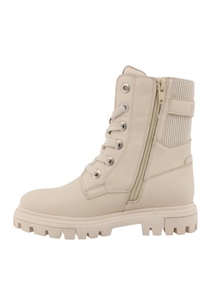Stivaletto beige con lacci, suola spessa in gomma, zip laterale, occhielli in metallo e pannello in tessuto a coste sul tallone.