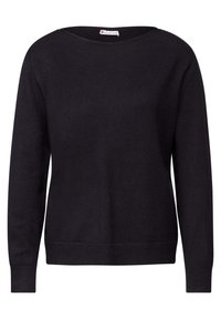 Maglione nero a maglia con maniche lunghe e una ampia scollatura a barca. Presenta una texture liscia e polsini e orlo a coste per un look aderente.
