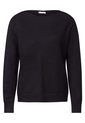 Svart stickad tröja med lång ärm och bred båturringning. Har en slät textur och ribbade manschetter och nederkant för en figurnära passform.