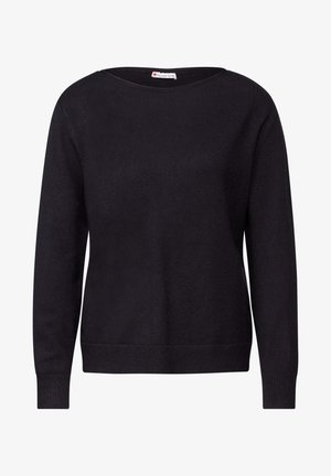 Zwarte gebreide trui met lange mouwen en een wijde bootnek. Beschikt over een soepele textuur en ribgebreide manchetten en zoom voor een aansluitende look.