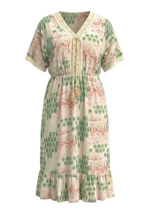 Knieumspieltes Kleid mit kurzen Ärmeln, V-Ausschnitt, Spitzenbesatz, Quastenband und grünen und rosa Blumen- sowie geometrischen Mustern auf cremefarbenem Stoff.