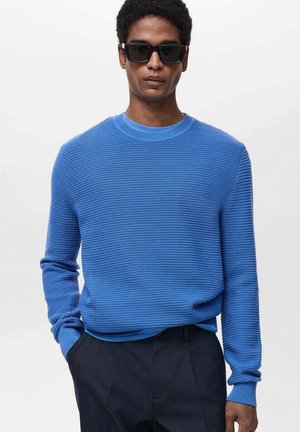 Blue textured sweater with a crew neckline and long sleeves, paired with black pants. The fabric has a ribbed pattern throughout.