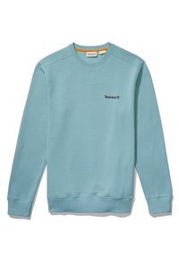 Ljusblå Timberland sweatshirt med lång ärm, ribbade ärmmuddar och nederkant samt liten svart logotyp på vänster bröst.