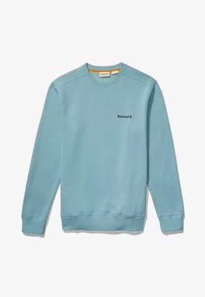 Felpa a girocollo Timberland di colore blu chiaro con maniche lunghe, polsini e orlo a coste, e piccolo logo nero sul lato sinistro del petto.