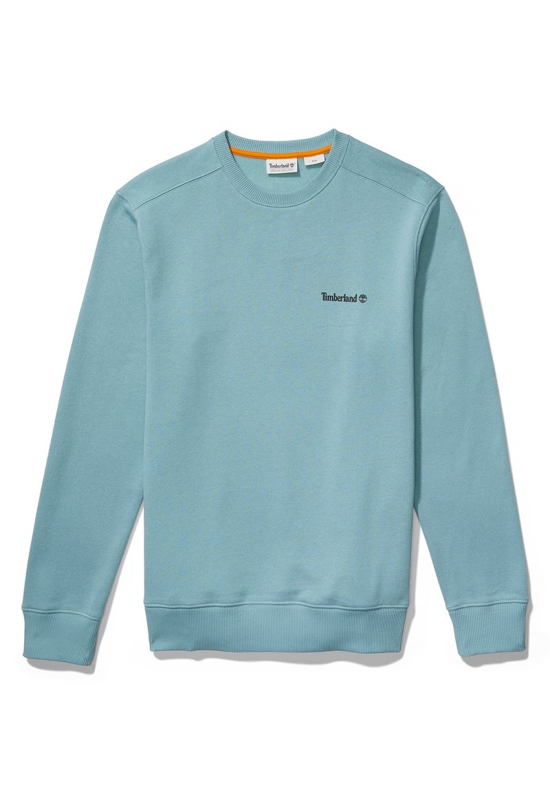 Ljusblå Timberland sweatshirt med lång ärm, ribbade ärmmuddar och nederkant samt liten svart logotyp på vänster bröst.