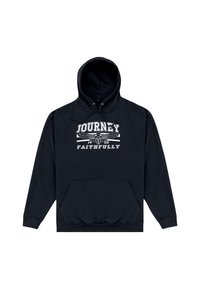 Felpa nera con cappuccio e tasca anteriore, decorata con testo stampato bianco "JOURNEY" e "FAITHFULLY", insieme a un design grafico d'accento.