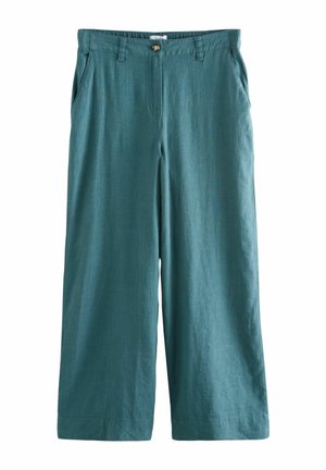 Teal wide-leg trousers made of lightweight fabric, featuring a button closure, belt loops, and side pockets; smooth texture and relaxed fit.