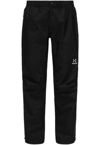 Svarta vattentäta byxor med elastisk midja, sidogäpser och logodetalj. Slät textur och lös passform för komfort och rörelse.