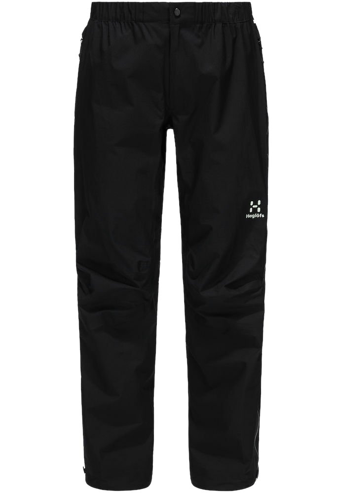 Svarta vattentäta byxor med elastisk midja, sidogäpser och logodetalj. Slät textur och lös passform för komfort och rörelse.