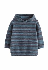 Gestreifter Pullover in Blau- und Grautönen; mit Kapuze, langen Ärmeln und einem strukturierten Strickmuster.