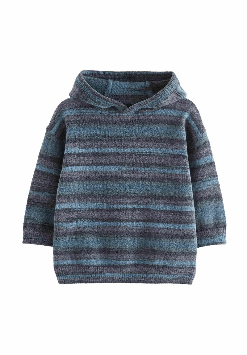 Gestreifter Pullover in Blau- und Grautönen; mit Kapuze, langen Ärmeln und einem strukturierten Strickmuster.