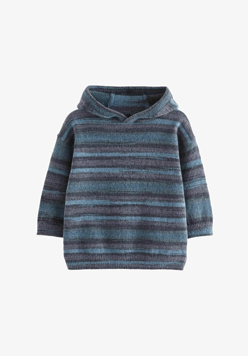 Striped pullover sweater in shades of blue and gray; features a hood, long sleeves, and a textured knit pattern.