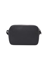 Zwart leren rechthoekige tas met een gladde textuur, ritssluiting en zijlus. Minimalistisch ontwerp zonder opvallende hardware of patronen.