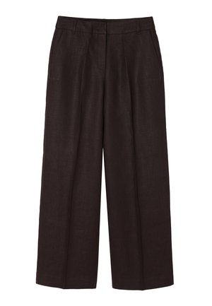 Tmavě hnědé široké kalhoty s vysokým pasem, předními záhyby a bočními kapsami, vyrobené z texturované látky.