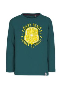 Teal pitkähihaine puuvillapaita, jossa on keltainen sitruunagrafiikka ja teksti "EASY-PEASY LEMON SQUEEZY" leikkisällä fontilla.