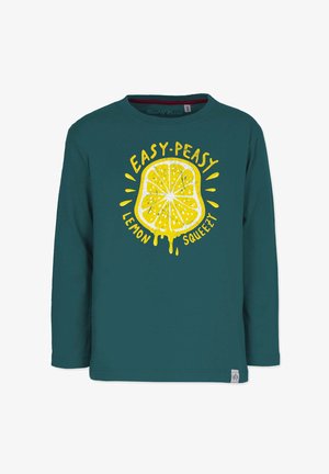 Teal pitkähihaine puuvillapaita, jossa on keltainen sitruunagrafiikka ja teksti "EASY-PEASY LEMON SQUEEZY" leikkisällä fontilla.