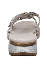 Light gray sandal featuring a woven strap design, a textured silver sole, and a cushioned footbed with logo imprint.