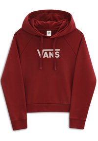 Felpa rossa con cappuccio dal design crop. Presenta il logo bianco "VANS", polsini a coste e cordini per il cappuccio. Tessuto morbido al tatto.