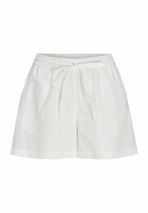 Shorts blancs décontractés avec taille élastique et cordon à l'avant, tissu léger, ourlet droit, conçus pour le confort et la facilité de port.