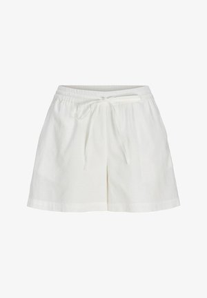 Shorts blancs décontractés avec taille élastique et cordon à l'avant, tissu léger, ourlet droit, conçus pour le confort et la facilité de port.