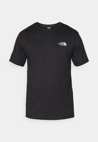 Black short-sleeve t-shirt made of cotton, featuring a round neckline and a small white logo on the upper left chest area.