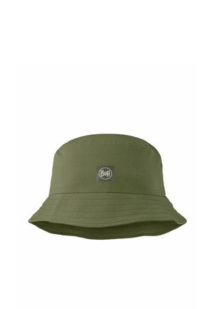 Olivgrüner Bucket Hat mit breiter, abgestepptem Krempe und kleinem, mittig angebrachtem Logo-Patch mit der Aufschrift "Buff" vorne.