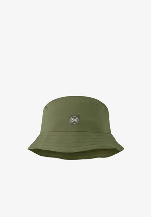 Olivgrüner Bucket Hat mit breiter, abgestepptem Krempe und kleinem, mittig angebrachtem Logo-Patch mit der Aufschrift "Buff" vorne.