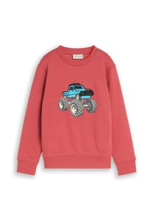 Kinder-Sweatshirt mit langen Ärmeln in Korallenrosa, mit gerippten Bündchen und einer blauen Monstertruck-Grafik auf der Vorderseite.
